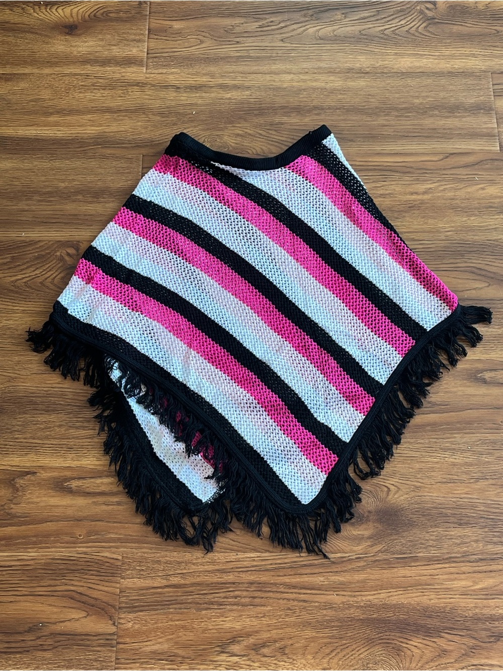 Vintage Pink, Black & White Striped Fringe Poncho